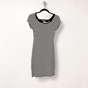 *NWT* Monteau Fall Winter Chic Striped Off Shoulder Mini Dress Black Cream